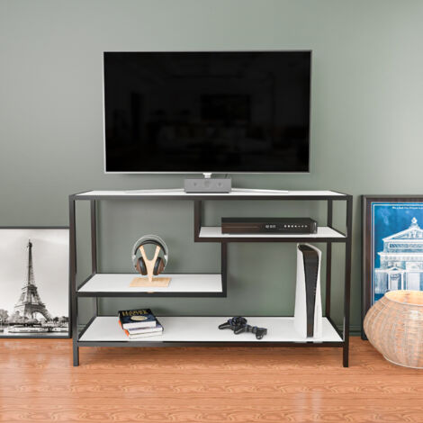 Decorotika Robins 120 Cm Wide industrial Meuble TV TV Console Meuble TV With Open Shelves Metal For Living Room Hallway - Noir And Blanc (1/4)