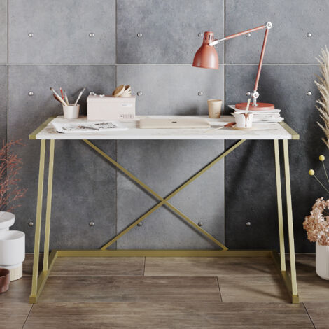 Decorotika Anemon industrial 120 Cm Wide Modern Writing Desk Home Office Desk - Blanc Marble Pattern and Doré(e) (1/5)