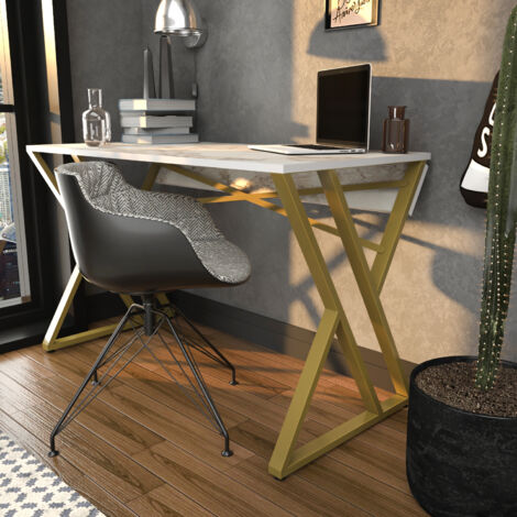 Decorotika Gyza Modern Metal Frame Computer Desk Writing Desk With Metal Legs- Blanc Marble Pattern And Doré(e) (1/5)