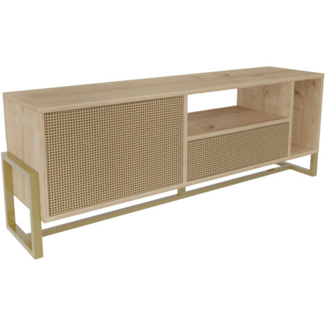 Decorotika - Utopie Contemporary Meuble TV Meuble TV TV Cabinet for TVs up to 55 inches Metal Legs - Oak and Rattan Pattern (1/4)
