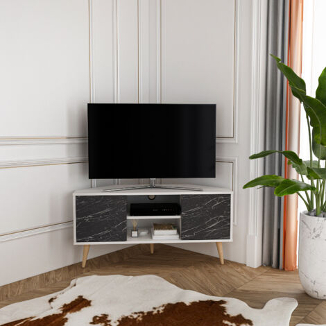 Decorotika - Zahav Corner Meuble TV 2 Shelves and Two Cabinets - Blanc/Noir Marble Effect (1/5)