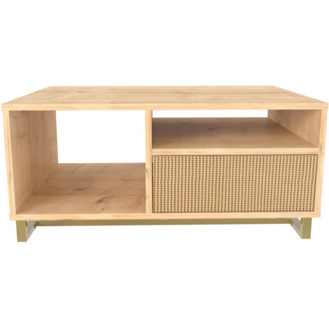Decorotika - Utopie Modern Table Basse with Cabinet Metal Legs - Oak and Rattan Pattern (1/5)
