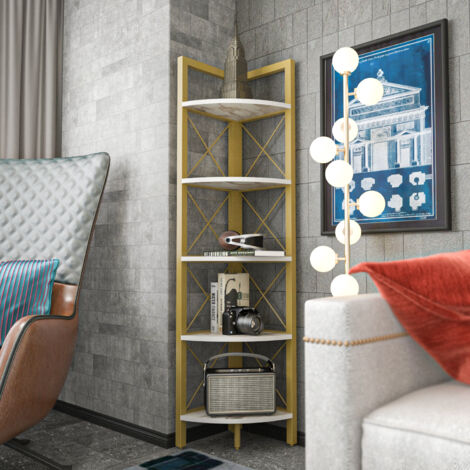 Decorotika Remo Corner Storage Rack 5-Tier Bookshelf Multifunctional Etager With Metal Frame For Living Room Bedroom Kitchen - Blanc Marble Effect And Doré(e) (1/4)