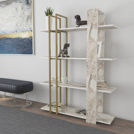 Decorotika - Onno Unique Design 4-tier Biblothèque Bookshelf Display Unit - Blanc Marble Effect and Doré(e) (1/5)