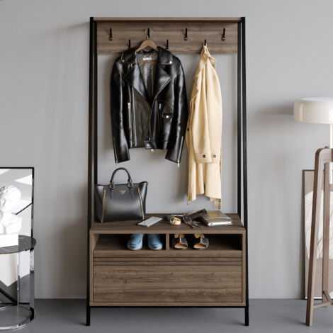 Decorotika Devin Hat And Coat Stand Hallway Shoe Rack And Bench With Storage Organiser With Metal HooksMetal Frame-Walnut Pattern And Noir (1/5)