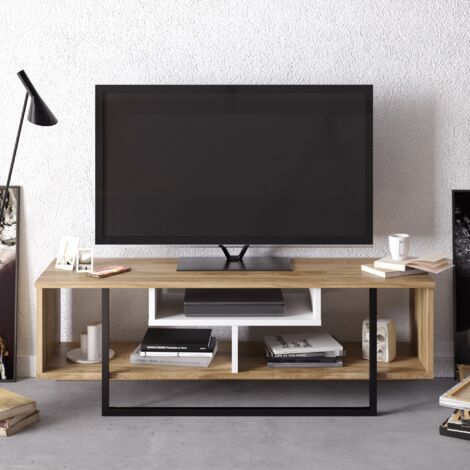 Decorotika Asal 120 cm Wide Modern Meuble TV Meuble TV TV Cabinet With Open Shelf Lowboard Up To 51 TVs - Oak Pattern And Blanc Noir (1/5)