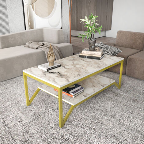 Decorotika Flora Modern Table Basse Living Room Table Large Storage Space Tea TableAccent Table industrial Design-Blanc Marble Pattern And Doré(e) (1/5)