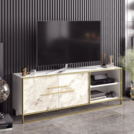 Decorotika Polka 160 Cm Wide Meuble TV Meuble TV With Two Doors TV Console With Metal Frame TV Cabinet With Open Shelves And Two Cabinets  - Blanc Marble Pattern And Doré(e) (1/4)