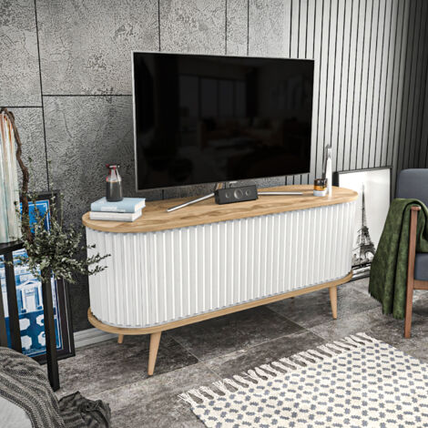 Decorotika Stor 140 Cm Modern Meuble TV TV Cabinet TV Console Meuble TV With 2 Cabinets Sliding Doors - Oud Oak And Blanc (1/4)