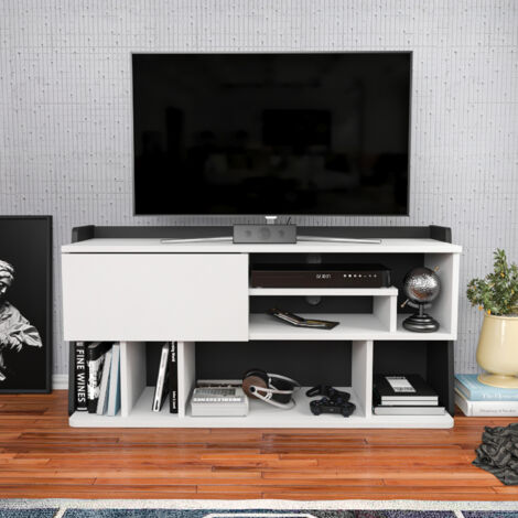 Decorotika Raca 120 Cm Wide Meuble TV Meuble TV TV Console TV Cabinet With Open Shelves And Cabinet - Blanc And Noir (1/4)