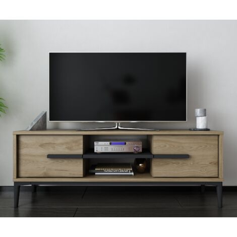 Decorotika Eslem Meuble TV Meuble TV with Two Drop-Down Cabinets Oud Oak Noir (1/4)