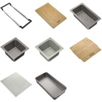 Franke – Panier égouttoir d'évier avec rail télescopique – Planche à découper en bambou – 2 paniers égouttoirs – Couvercle en bambou – Egouttoir amovible en silicone