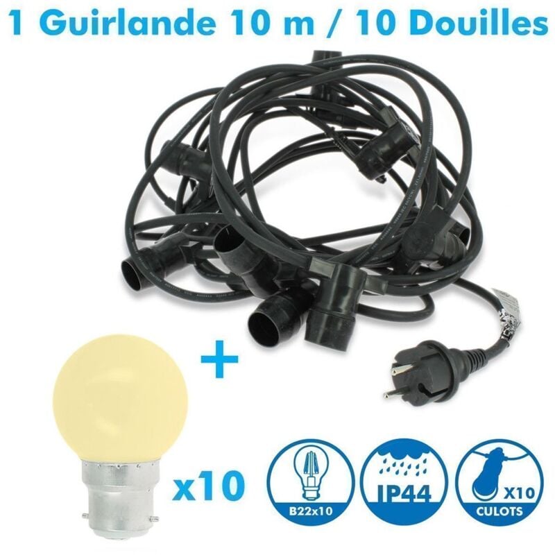 Guirlande Guinguette Professionnelle 10 Ampoules LED B22 1W Blanc Chaud 10  mètres Interconnectable