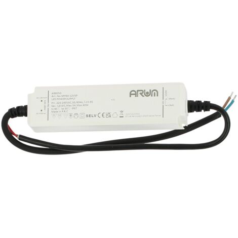 Arum Lighting – Transformateur LED étanche IP67 60W 12V DC 5A – Tension d'entrée 220V – Applications extérieures et intérieures