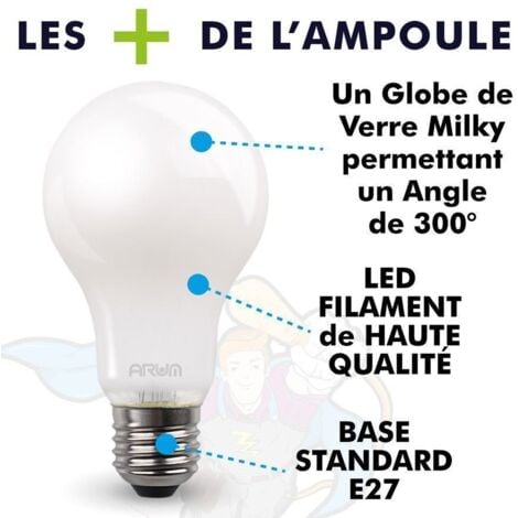 Lot de 3 Ampoules LED 7W  Eq 60W Dépoli standard E27  Température de Couleur: Blanc neutre 4000K