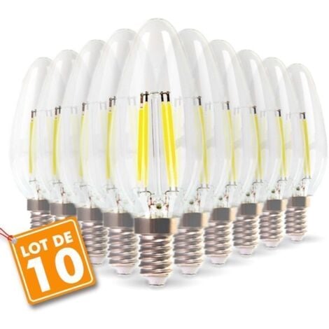 Lot de 10 Ampoules LED  E14 Flamme Filament 4W Eq 40W blanc chaud 2700K