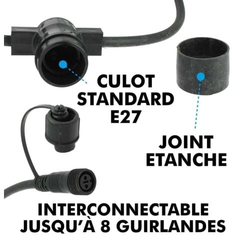 Guirlande guinguette Professionnelle 10 Ampoules LED E27 4W Blanc Chaud 10 mètres Interconnectable