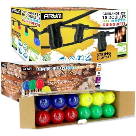 Guirlande Guinguette 10 Culots E27 10 mètres Interconnectable + 12 Ampoules LED E27 1W Mutlicolors