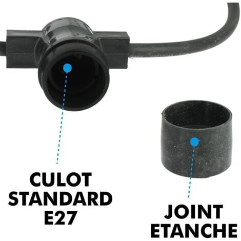 Guirlande Guinguette 10 Culots E27 10 mètres Interconnectable + 12 Ampoules LED E27 1W Mutlicolors