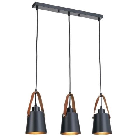 Luminaire suspension en Métal noir et lanière cuir 3 lampes E27 RICHMOND