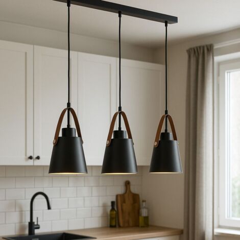 Luminaire suspension en Métal noir et lanière cuir 3 lampes E27 RICHMOND