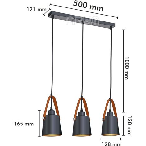 Luminaire suspension en Métal noir et lanière cuir 3 lampes E27 RICHMOND