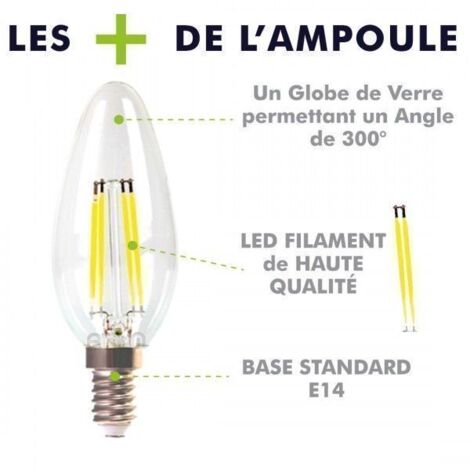 Lot de 10 Ampoules LED  E14 Flamme Filament 5.5W Eq 50W blanc chaud 2700K