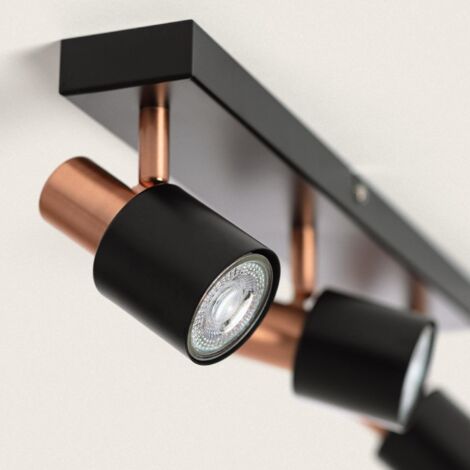 Lampada A Soffitto Herford 4 Luci Orientabili - Design Industriale In Metallo/legno/vetro - Ruggine - Attacco GU10