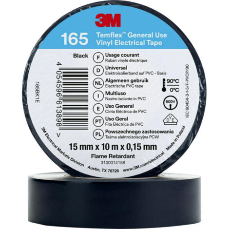 3m Temflex 165 nastro isolante in vinile nero 15mm x 10 m (per 100)