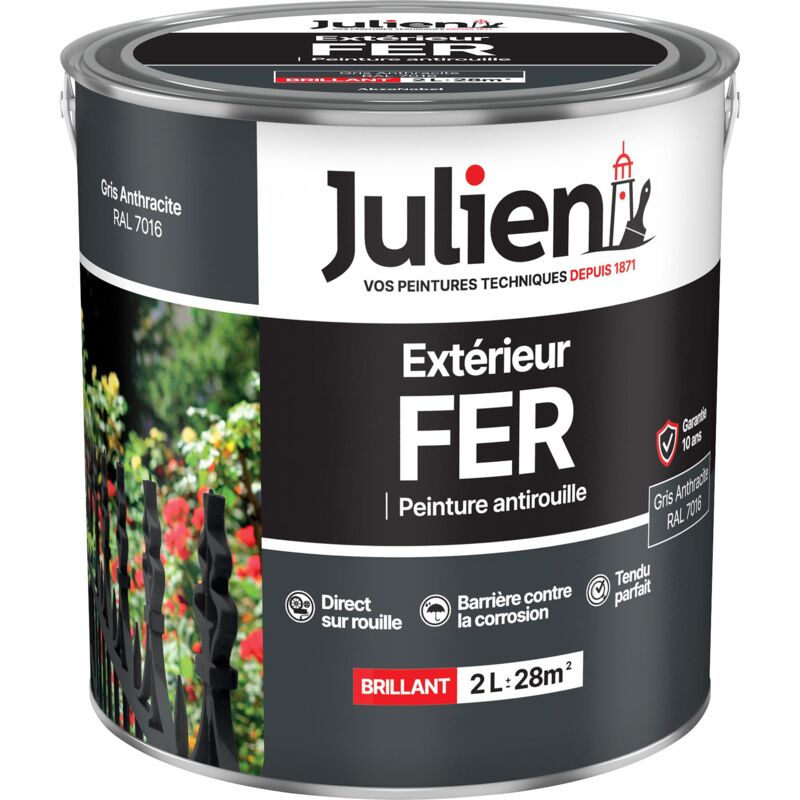 Julien Peinture Fer Anti-Rouille Brillant - Portes, grilles, portails, mobilier de jardin en métal - Gris Anthracite 2 L