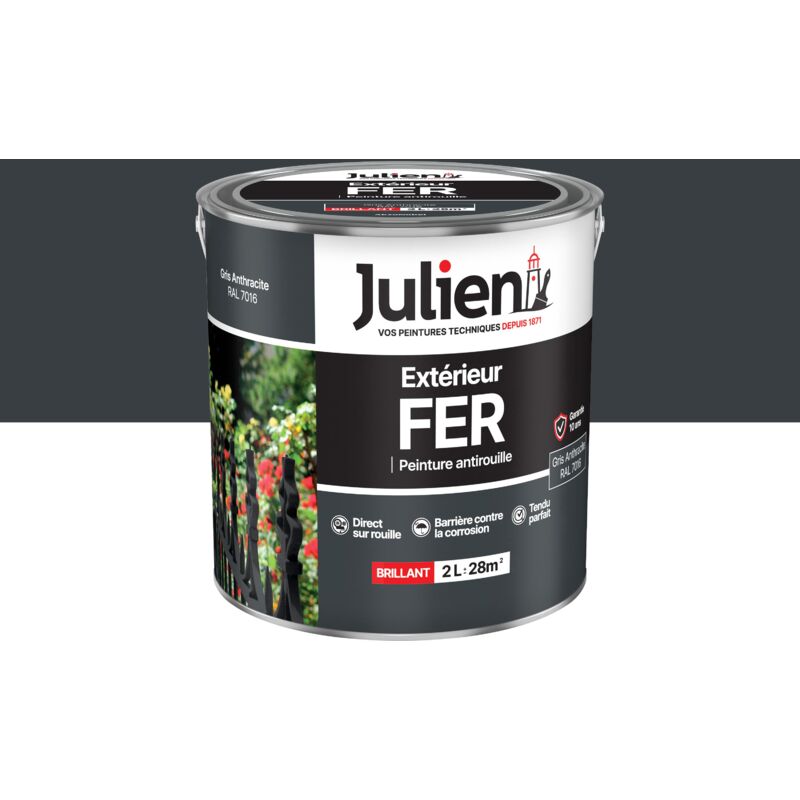 Julien Peinture Fer Anti-Rouille Brillant - Portes, grilles, portails, mobilier de jardin en métal - Gris Anthracite 2 L 2