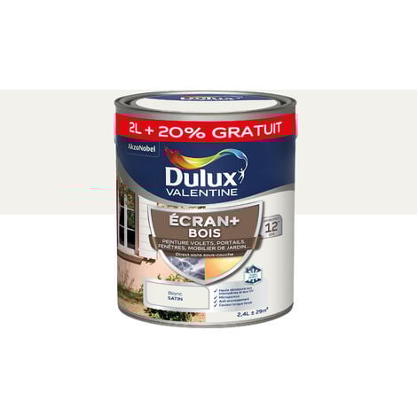 ECRAN+ BOIS - Peinture satinée pour bois extérieur - Volets, portes, fenêtres, portails - Blanc 2 L + 20% gratuit - Dulux Valentine