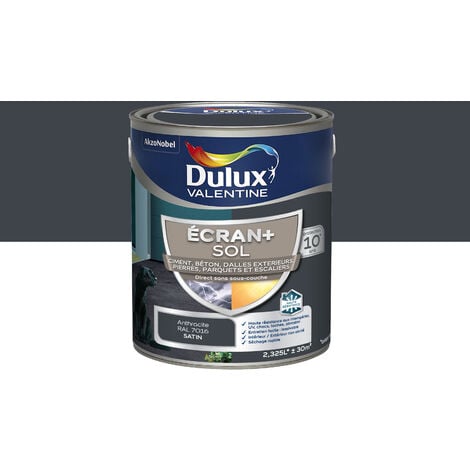 Ecran+ Sol - Peinture solvantée pour sols Intérieur et Extérieur - Ciment, béton, dalles, parquets et escaliers - Satin Gris Anthracite 2,5 L - Dulux Valentine