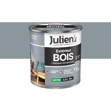 Julien Peinture Bois Microporeux Extérieur Satin - Portes, fenêtres, portails, mobilier de jardin - Gris Argent 0,5 L