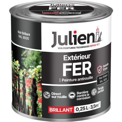 Julien Peinture Fer Anti-Rouille Brillant - Portes, grilles, portails, mobilier de jardin en métal - Noir Brillant 0,25 L