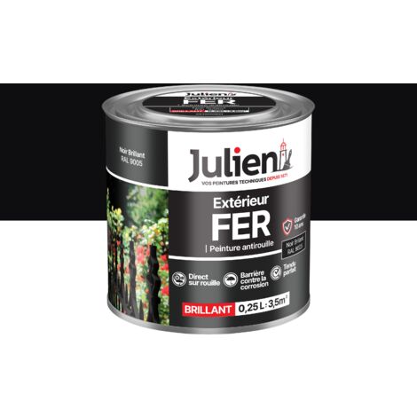 Julien Peinture Fer Anti-Rouille Brillant - Portes, grilles, portails, mobilier de jardin en métal - Noir Brillant 0,25 L