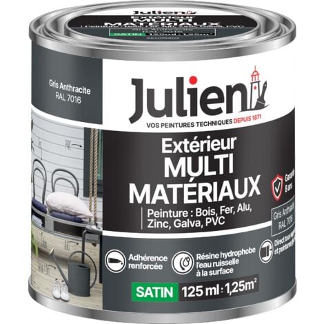 Julien Peinture Multi-Matériaux Satin en phase Aqueuse - Bois, Fer, Alu, PVC, Zinc, Acier galvanisé, brut ou peint - Gris Anthracite 0,125 L