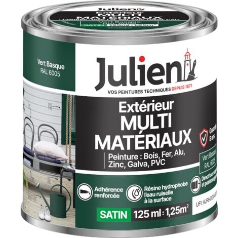 Julien Peinture Multi-Matériaux Satin en phase Aqueuse - Bois, Fer, Alu, PVC, Zinc, Acier galvanisé, brut ou peint - Vert Basque 0,125 L