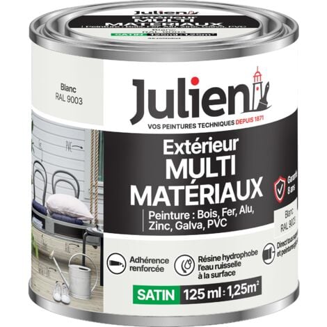 Julien Peinture Multi-Matériaux Satin en phase Aqueuse - Bois, Fer, Alu, PVC, Zinc, Acier galvanisé, brut ou peint - Blanc 0,125 L
