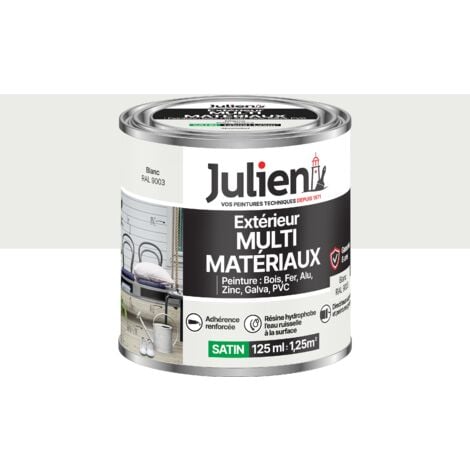 Julien Peinture Multi-Matériaux Satin en phase Aqueuse - Bois, Fer, Alu, PVC, Zinc, Acier galvanisé, brut ou peint - Blanc 0,125 L