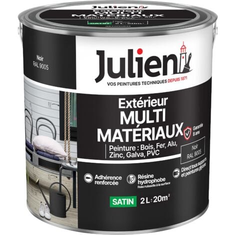 Julien Peinture Multi-Matériaux Satin en phase Aqueuse - Bois, Fer, Alu, PVC, Zinc, Acier galvanisé, brut ou peint - Noir 2 L