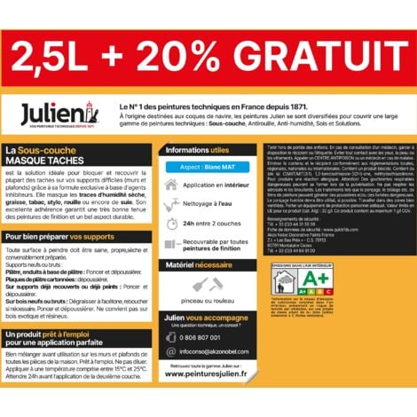Sous-Couche Masque Taches - Pour fonds anciens, difficiles, abîmés, tachés - Mat Blanc 2,5L + 20% gratuit - Julien