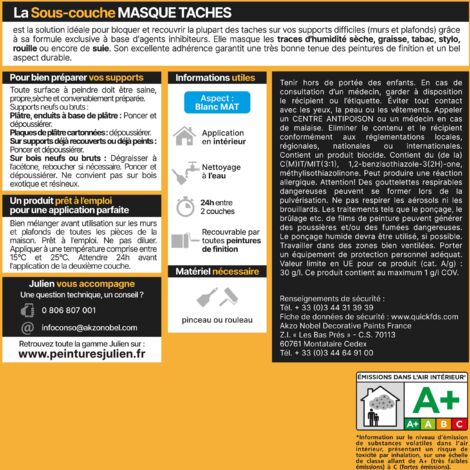 Sous-Couche Masque Taches - Pour fonds anciens, difficiles, abîmés, tachés - Mat Blanc 0,5L - Julien