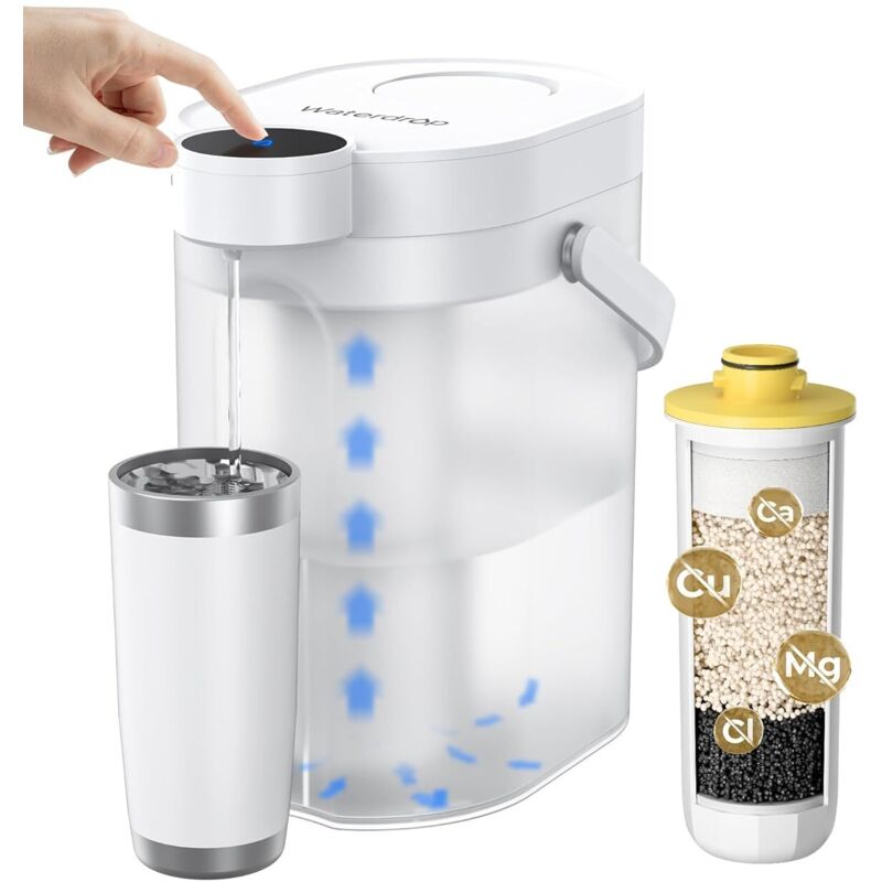 Waterdrop FreshTaste 𝐀𝐝𝐨𝐮𝐜𝐢𝐫 𝐥'𝐄𝐚𝐮 Carafe Filtrante Électrique, Distributeur de Filtre à Eau Instantané 4L pour Réfrigérateur, Réduit Chlore, Plomb, Cuivre, Purifie, Blanc (2 Filtre