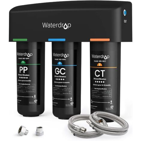 Waterdrop – Filtre à eau sous évier 3 étapes – Capacité de filtration 8L/min – Réduit PFAS, PFOA, chlore – Installation rapide sans perçage
