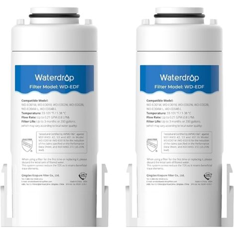 Waterdrop WD-EDF Lot de 2 filtres de rechange pour tous les carafes filtrantes instantanées Waterdrop WD-ED01W, WD-ED01B, durent jusqu'à 3 mois ou 757 litres
