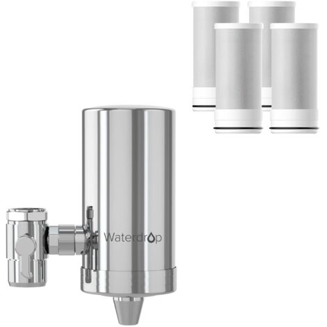 Waterdrop WD-FC-06 Filtre à Eau de Robinet en Acier Inoxydable,Système de Filtration d'eau à Bloc de Carbone,Filtre à eau du Robinet,Réduit le Chlore,les Odeurs et le Mauvais Goût(4 Filtres Inclus)