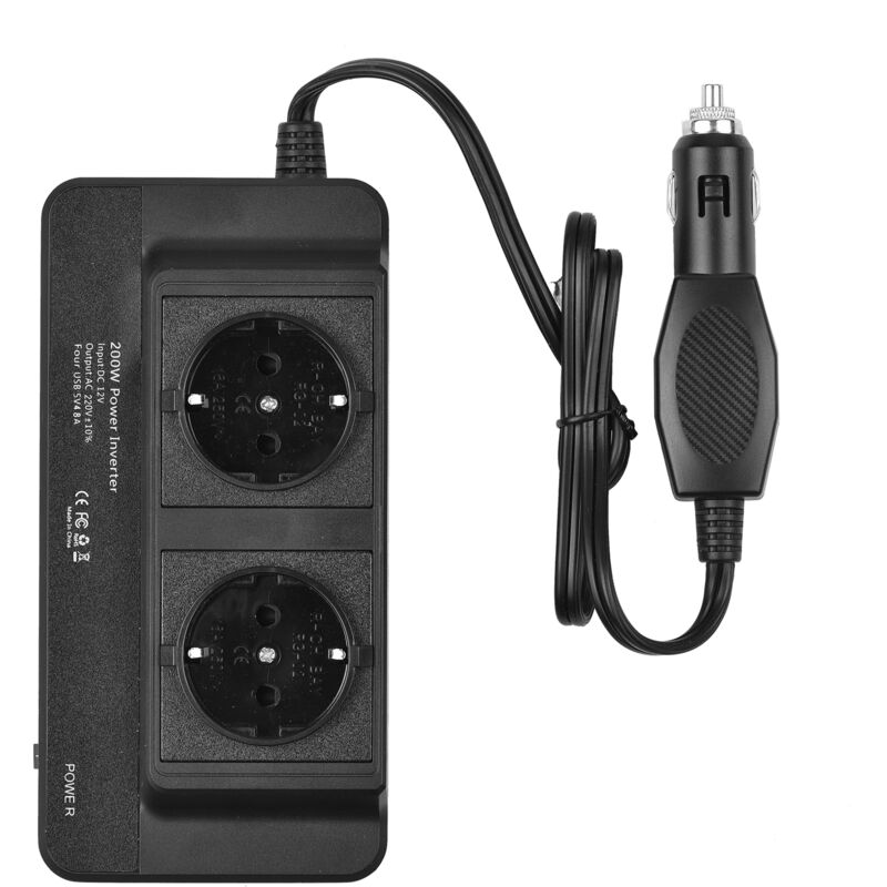 Convertisseur de puissance de voiture 200 W DC 12 V à AC 220 V avec 2 prises CA 4 ports USB Interrupteur marche/arrêt Protection sûre Adaptateur de chargeur de voiture portable pour téléphone portabl