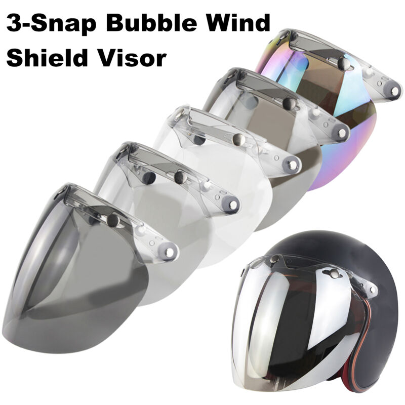 Visière de casque à visage ouvert pour casque de moto, lentille à bulles, pare-vent à bulles à 3 boutons-pression