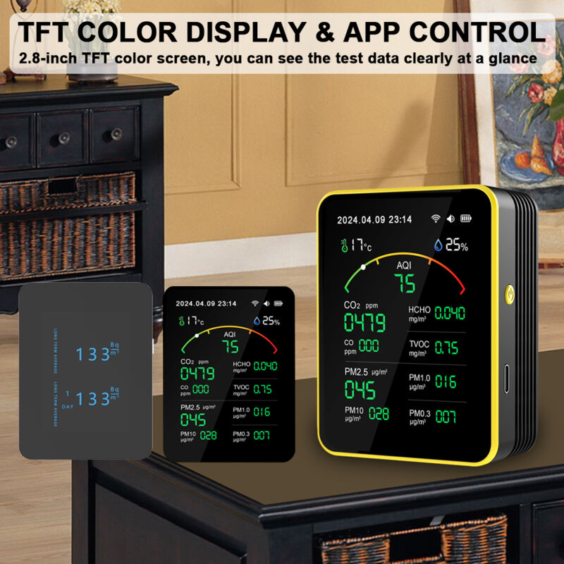 Détecteur de qualité de l'air Tuya WiFi 15 en 1 Portable AQI PM0.3 PM1.0 PM2.5 PM10 CO CO2 TVOC HCHO Testeur Écran TFT Testeur de température et d'humidité multifonctionnel Horloge polyvalente